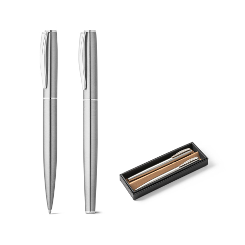 Canetas personalizadas, lapiseiras personalizadas e lápis personalizado - onjunto de roller e esferográfica com corpo em aço inoxidável (53% reciclado) e clip