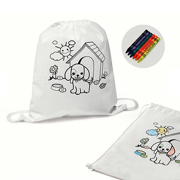 Sacola Tipo Mochila para Colorir. Non-woven: 80 g/m². Com desenho impresso e bolso interior.